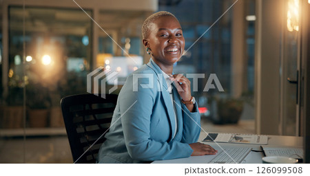 Portrait, black woman and business at night with computer for accounting, audit or tax review. African person, accountant or employee smile for financial solution, evaluation report or compliance 126099508