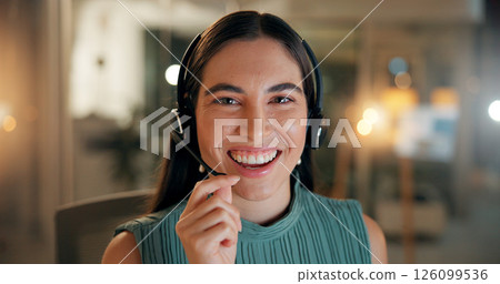Call center, portrait and woman laugh with headset for customer service, IT advisor and troubleshooting. Smile, consultant and communication for technical support, help desk and overtime at night Call center, portrait and woman laugh with headset for customer service, IT advisor and troubleshooting. Smile, consultant and communication for technical support, help desk and overtime at night 126099536