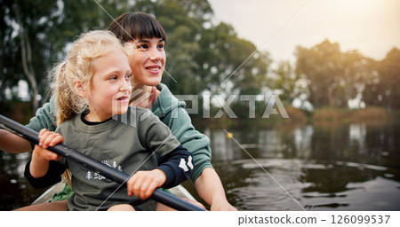 Kayak, mother and child with smile in lake, water activity and adventure for bonding together. River, mom and girl kid with paddle for canoeing, travel holiday and rowing outdoor as family in boat 126099537