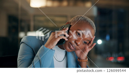 Phone call, business and black woman at night with worry for contact, discussion and communication. Working late, frustrated and tired person on smartphone for networking, conversation and connection 126099544