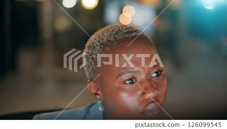 Business, black woman and thinking in office at night with publication deadline, story inspiration or article planning. Bokeh, journalist or overtime for creative process, source verification or blog 126099545