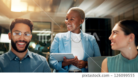 Night, tablet and group of business people planning, training or discussion for insurance. Technology, office or happy manager coaching team for help with project, financial policy or problem solving Night, tablet and group of business people planning, training or discussion for insurance. Technology, office or happy manager coaching team for help with project, financial policy or problem solving 126099555