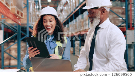 Distribution, supply chain and people in warehouse, tablet and online schedule for shipping. Employees, smile and meeting with safety, connection and laptop for email, inventory and quality assurance 126099560