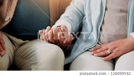 Senior couple, holding hands and relax in home with love, compassion and support in marriage. Elderly people, bonding and gesture in retirement for trust, loyalty and commitment in relationship Senior couple, holding hands and relax in home with love, compassion and support in marriage. Elderly people, bonding and gesture in retirement for trust, loyalty and commitment in relationship 126099582