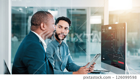 Men, trading and computer screen with tablet, talking and finance with partner for stats at office. People, graphs and fintech app for feedback with profit, revenue and monitor at investing agency 126099598