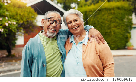 Senior couple, portrait and smile outdoor for fresh air, retirement support and bonding together. Elderly people, happy and connection in neighborhood for romantic walk, marriage commitment and love Senior couple, portrait and smile outdoor for fresh air, retirement support and bonding together. Elderly people, happy and connection in neighborhood for romantic walk, marriage commitment and love 126099615