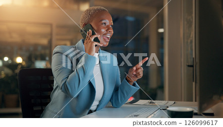 Corporate, black woman and phone call in office at night for discussion, finance report and schedule update. Person, mobile and late communication with contact, financial feedback and funding offer Corporate, black woman and phone call in office at night for discussion, finance report and schedule update. Person, mobile and late communication with contact, financial feedback and funding offer 126099617
