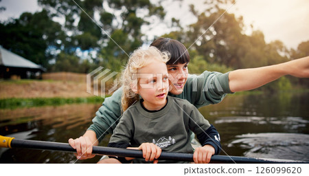 River, child and woman with pointing for kayak, water activity and adventure in summer camp. Lake, female instructor and girl with learning for canoeing, skills development and paddle outdoor in boat River, child and woman with pointing for kayak, water activity and adventure in summer camp. Lake, female instructor and girl with learning for canoeing, skills development and paddle outdoor in boat 126099620