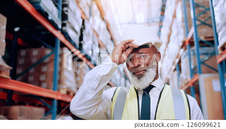 Warehouse, engineer and portrait of man in shipping inventory with boxes, shelf and stock management. Distribution, plant and mature worker in cargo storage for global export in supply chain business 126099621
