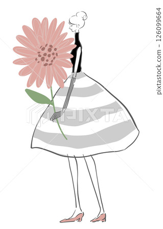 帶有粉紅色花朵的灰色條紋連身裙，女人，插圖 126099664
