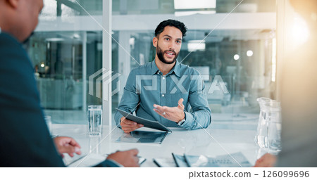 Job interview, discussion and businessman with CV in office for recruitment, opportunity or onboarding. Meeting, human resources and candidate with hiring vacancy in workplace for career growth. Job interview, discussion and businessman with CV in office for recruitment, opportunity or onboarding. Meeting, human resources and candidate with hiring vacancy in workplace for career growth. 126099696