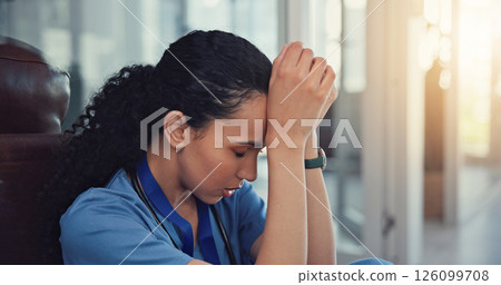 Nurse, stress and woman with depression, anxiety and patient loss or bad news and overwhelmed in clinic. Mental health, sad and surgeon student with panic attack, healthcare fail or medical burnout 126099708