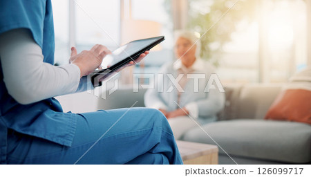Therapy, tablet and hands of nurse typing for counseling, occupational therapist and digital checklist. Support, healthcare and online patient records with person in clinic office for advice Therapy, tablet and hands of nurse typing for counseling, occupational therapist and digital checklist. Support, healthcare and online patient records with person in clinic office for advice 126099717