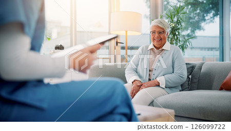 Tablet, advice and smile with nurse and old woman on sofa for counseling, psychologist and talking. Support, healthcare and psychiatrist with senior person in office for therapy and consulting 126099722