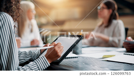 Business woman, hands and writing on tablet in meeting for website testing update, branding design layout or planning. Web designer, people and stylus pen at creative agency for campaign idea notes 126099763