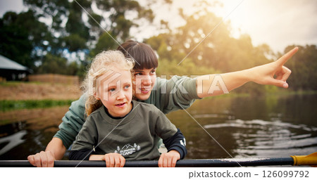 Lake, child and woman with pointing for kayak, water activity and adventure in summer camp. River, female instructor and girl with learning for canoeing, skills development and paddle outdoor in boat 126099792