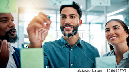 Writing, ideas and business people at glass wall with collaboration, sticky note or brainstorming in office. Teamwork, problem solving and planning at moodboard for growth, development and discussion 126099795
