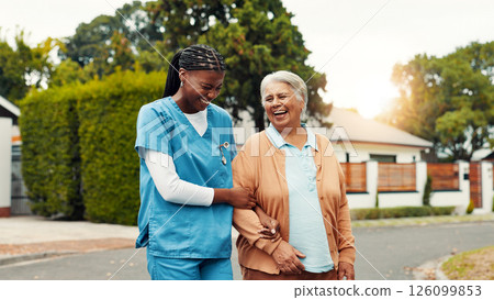 Senior, woman and walking with nurse outdoor with laughing, funny conversation and retirement wellness. Happy, caregiver and old person in road with mobility support, bonding together and fresh air 126099853