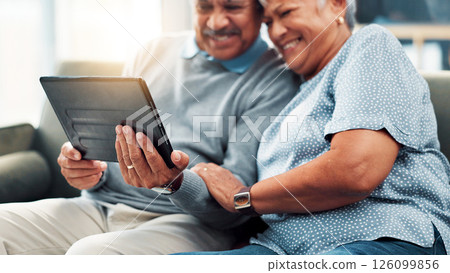 Old couple, tablet and laughing in home to relax together, marriage and commitment with streaming online. Senior, man and woman with tech for comedy, film and retirement with happiness in house Old couple, tablet and laughing in home to relax together, marriage and commitment with streaming online. Senior, man and woman with tech for comedy, film and retirement with happiness in house 126099856