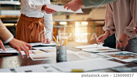 Meeting, teamwork and documents with hands of business people for interior designer, moodboard layout and planning. Color swatch panel, brainstorming and creative project with employees for paperwork Meeting, teamwork and documents with hands of business people for interior designer, moodboard layout and planning. Color swatch panel, brainstorming and creative project with employees for paperwork 126099857