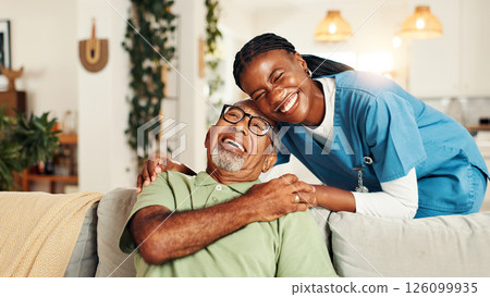 Hugging, happy and nurse with senior man for comfort, support or care for good news. Portrait, consultation and caregiver embracing elderly male patient on sofa in living room at nursing home. 126099935