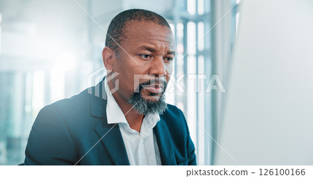 Reading, computer and black man in office with research, online ideas and brainstorming for risk management. Professional, finance and mature businessman with entrepreneur problem solving on website Reading, computer and black man in office with research, online ideas and brainstorming for risk management. Professional, finance and mature businessman with entrepreneur problem solving on website 126100166