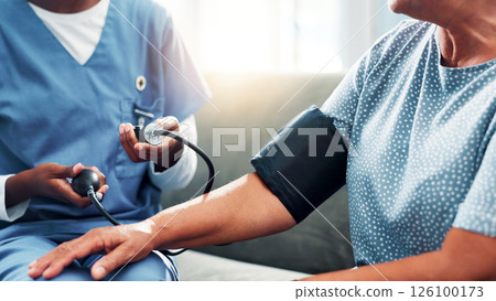 Mature woman, nurse and hands for blood pressure in nursing home, medical care or health exam on arm. Living room, diagnosis or conversation for healthcare, cardiovascular support or heart monitoring Mature woman, nurse and hands for blood pressure in nursing home, medical care or health exam on arm. Living room, diagnosis or conversation for healthcare, cardiovascular support or heart monitoring 126100173
