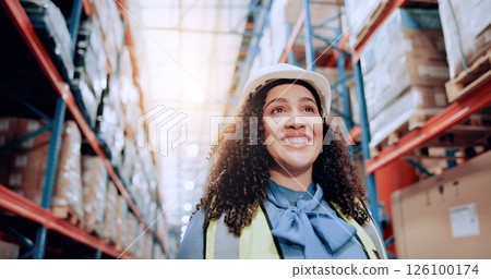 Smile, walking and logistics with woman in warehouse for shipping cargo, delivery and safety manager. Supply chain, distribution center and freight storage with person in factory for courier Smile, walking and logistics with woman in warehouse for shipping cargo, delivery and safety manager. Supply chain, distribution center and freight storage with person in factory for courier 126100174