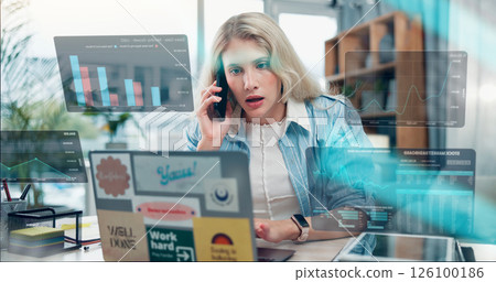 Woman, laptop and phone call with hud for statistics, data analysis or market research at office. Female person, consultant or investor with mobile smartphone or digital overlay for investment report Woman, laptop and phone call with hud for statistics, data analysis or market research at office. Female person, consultant or investor with mobile smartphone or digital overlay for investment report 126100186