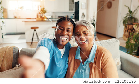 Medical, selfie and smile of nurse with old woman on sofa in living room of retirement home. Bonding, memories or photograph POV with happy caregiver and senior patient in apartment for healthcare 126100189