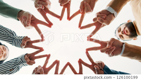 Star, hands and business people with teamwork, support or collaboration below. Community, group or workers with motivation for cooperation, synergy or closeup with peace sign for solidarity or trust 126100199