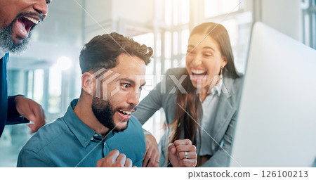 Business people, cheering and laptop in office, computer and email with positive feedback. Group, employee and consulting agency with pc, celebration and achievement with smile, victory and promotion 126100213