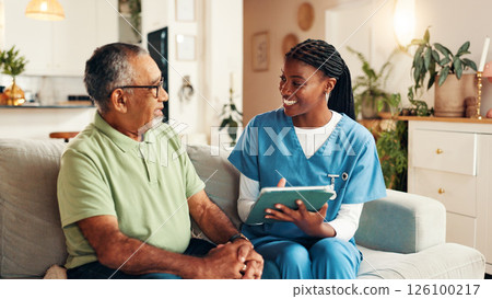 Nurse, senior man and tablet on sofa with smile for wellness, medical update and report in lounge. Woman, caregiver and elderly patient on couch with digital touchscreen, app and healthcare results Nurse, senior man and tablet on sofa with smile for wellness, medical update and report in lounge. Woman, caregiver and elderly patient on couch with digital touchscreen, app and healthcare results 126100217