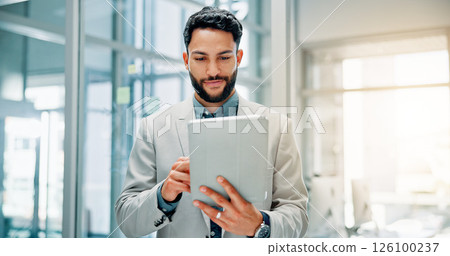 Office, businessman and information with tablet for financial advisor, corporate growth and investment. Career, male person and finance consultant with digital for risk management, happy and research 126100237