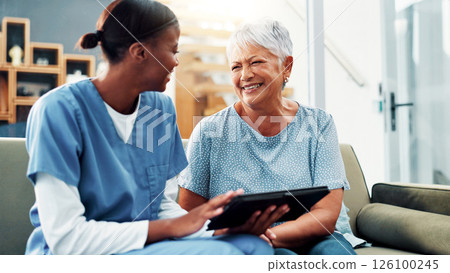 Happy old woman, nursing home and tablet for healthcare, medical support and test results. Retirement, senior patient or caregiver with technology in living room for help, checkup report or insurance Happy old woman, nursing home and tablet for healthcare, medical support and test results. Retirement, senior patient or caregiver with technology in living room for help, checkup report or insurance 126100245