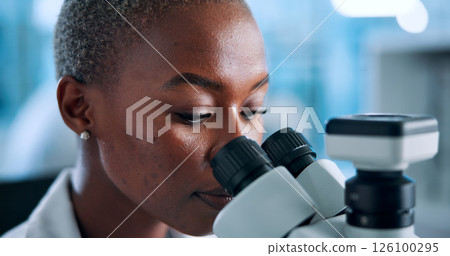 Laboratory, black woman and scientist with microscope for research, medical experiment or test sample. Face, female person and genetic engineer with biotech for pharmaceutical, investigate or science Laboratory, black woman and scientist with microscope for research, medical experiment or test sample. Face, female person and genetic engineer with biotech for pharmaceutical, investigate or science 126100295