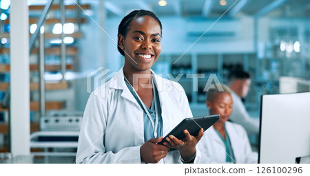 Science, portrait or happy woman in lab with tablet, solution or gene editing in medical experiment. Confident, biology innovation or proud scientist with health report, DNA test or research results Science, portrait or happy woman in lab with tablet, solution or gene editing in medical experiment. Confident, biology innovation or proud scientist with health report, DNA test or research results 126100296