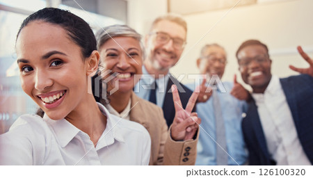 Selfie, peace sign and teamwork with business people in office for solidarity, about us or diversity. Community, social media and profile picture with portrait of employees for support or partnership 126100320