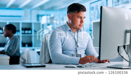 Science, lab and man on computer for online research, medicine analysis and medical report. Healthcare, clinic administrator and person on pc for planning experiment, pharmaceutical study and results Science, lab and man on computer for online research, medicine analysis and medical report. Healthcare, clinic administrator and person on pc for planning experiment, pharmaceutical study and results 126100336