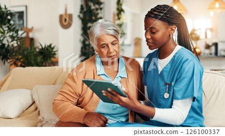 Nurse, senior woman and tablet on sofa with report for wellness, medical update and talk in lounge. People, caregiver and elderly patient on couch with digital touchscreen, app and healthcare results 126100337