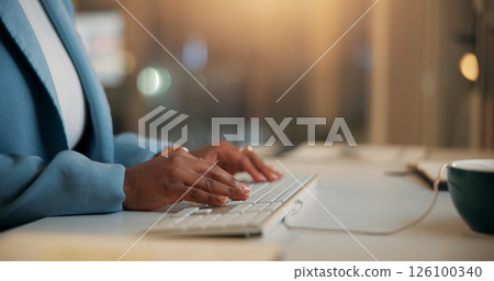 Hands, typing or business woman on computer for email, report or compliance officer on overtime. Keyboard, writing or worker at desk for research, regulations or policy development in office at night 126100340