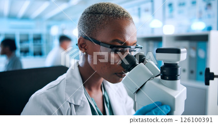 Science, microscope and research with woman in laboratory for testing, gene editing and healthcare innovation. Medical breakthrough, dna code and genome project with person for biotech analysis 126100391