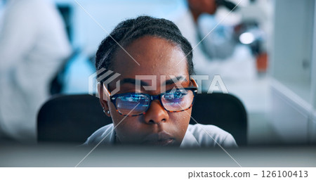 Glasses, science and computer with woman in laboratory for biomedical research, gene editing and healthcare innovation. Medical breakthrough, dna code and genome project with person for biotech data Glasses, science and computer with woman in laboratory for biomedical research, gene editing and healthcare innovation. Medical breakthrough, dna code and genome project with person for biotech data 126100413