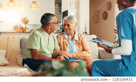Nurse, senior couple and tablet in home for report with medical results, feedback or happy for good news. Caregiver, elderly man and woman with digital touchscreen, app or consultation in retirement 126100431