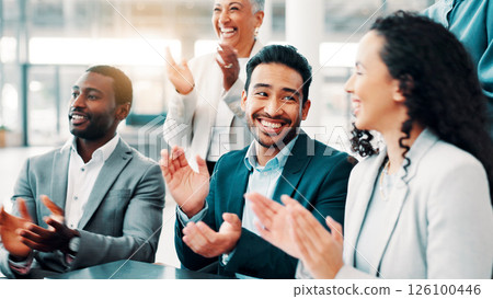 Clapping hands, happy and business people in office with presentation for achievement, meeting or target. Win, cheering and team of finance managers with applause for good news on company investment. Clapping hands, happy and business people in office with presentation for achievement, meeting or target. Win, cheering and team of finance managers with applause for good news on company investment. 126100446