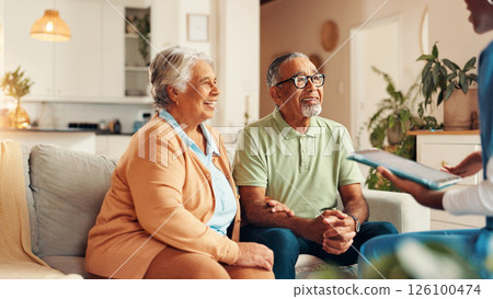 Nurse, senior couple and tablet on couch for report with medical results, feedback and happy for good news. Caregiver, elderly man and woman with digital touchscreen, app or consultation in home Nurse, senior couple and tablet on couch for report with medical results, feedback and happy for good news. Caregiver, elderly man and woman with digital touchscreen, app or consultation in home 126100474