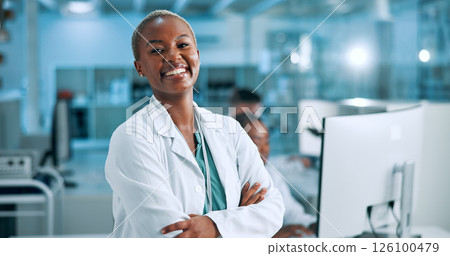 Laboratory, woman and portrait with smile for arms crossed, medical research and about us with pride. Healthcare, female person and scientist with confidence for science or pharmaceutical development 126100479