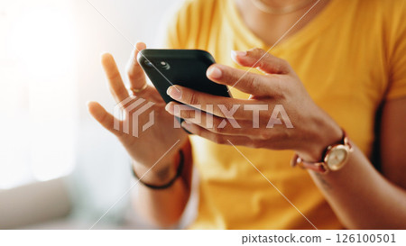 Typing, home and hands of woman with phone for connection, social media and networking. Living room, closeup and person on smartphone for website search, internet and communication for online chat Typing, home and hands of woman with phone for connection, social media and networking. Living room, closeup and person on smartphone for website search, internet and communication for online chat 126100501