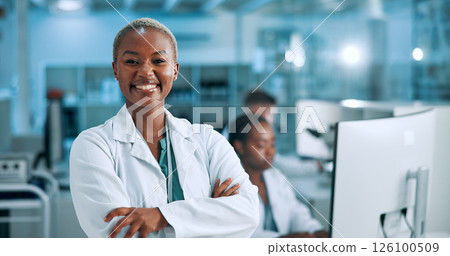 Laboratory, woman and portrait with about us for arms crossed, medical research and smile with pride. Healthcare, female person and scientist with confidence for science or pharmaceutical development 126100509