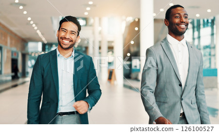 Happy, businessmen and walking in office building for start, career opportunity or job together. Male people, employees or colleagues with smile in joy for future development or business connection Happy, businessmen and walking in office building for start, career opportunity or job together. Male people, employees or colleagues with smile in joy for future development or business connection 126100527